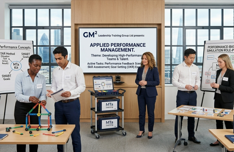 Performance management A diverse group collaborating on performance management in an office setting.