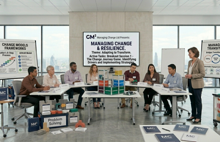 Managing change A group meeting around a table discussing change management strategies, with visual aids displayed.