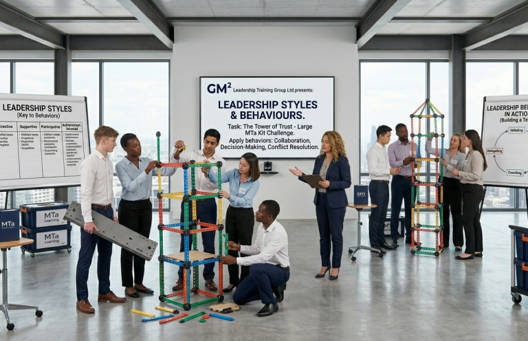 leadership styles A diverse group of people collaborate on a building activity in a modern office space learning about leadership styles and behaviours.