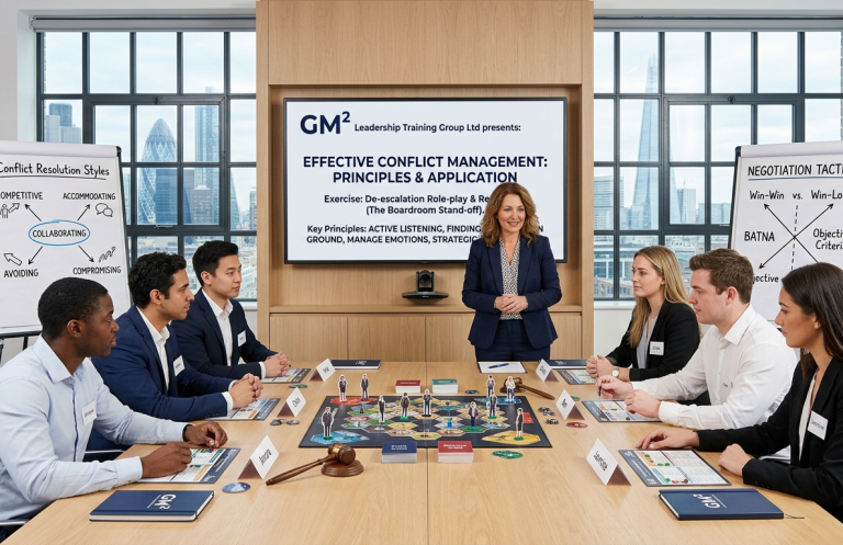 Conflict management A group of people engaged in a business training session for conflict management around a table with a board game experiential learning.