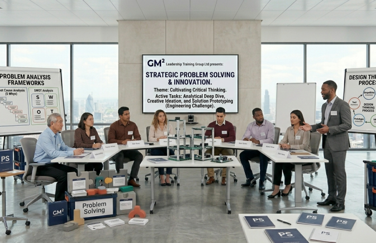 problem solving A group of professionals at a workshop discussing problem solving research and presentations.