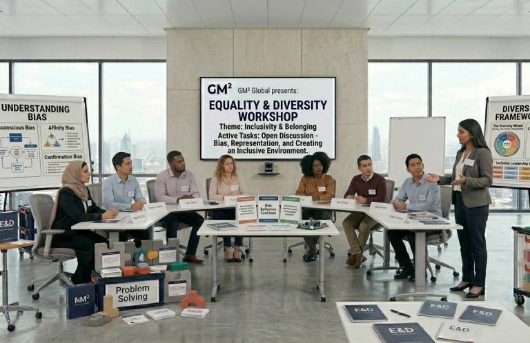 Equality and diversity Group of people attending a workshop on equality and diversity in a modern setting.