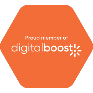 Logo of Digital Boost, featuring an orange hexagon with text promoting membership.