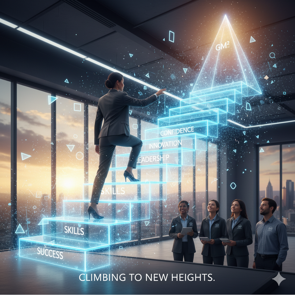 growth and development A business professional climbs digital stairs towards a glowing triangle, symbolising growth and development.