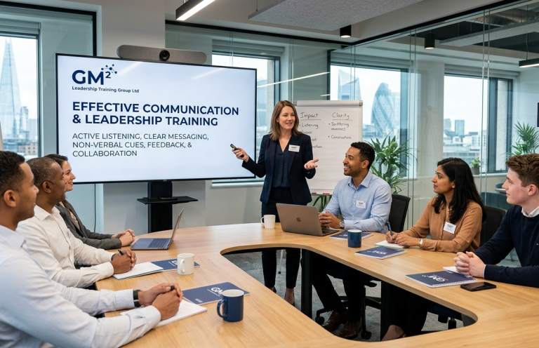 Effective Communication A business training session on effective communication with a female presenter and six participants at a conference table.