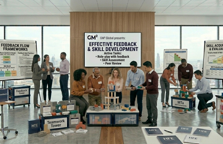 Feedback and development Group of people engaged in a research and development presentation with various display boards for feedback and development.