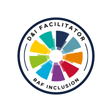 Logo featuring a circular design with colourful segments, labelled "D&I FACILITATOR" and "RAF INCLUSION".