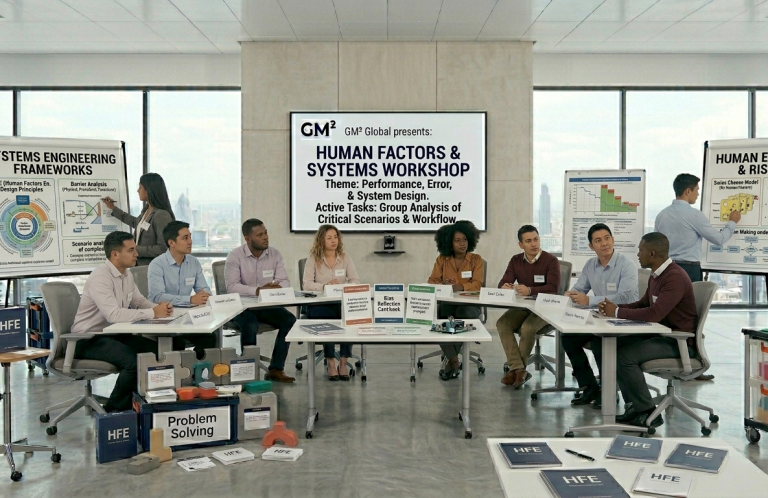 Human factors A diverse group of people participating in a human factors workshop with posters and a presentation screen.
