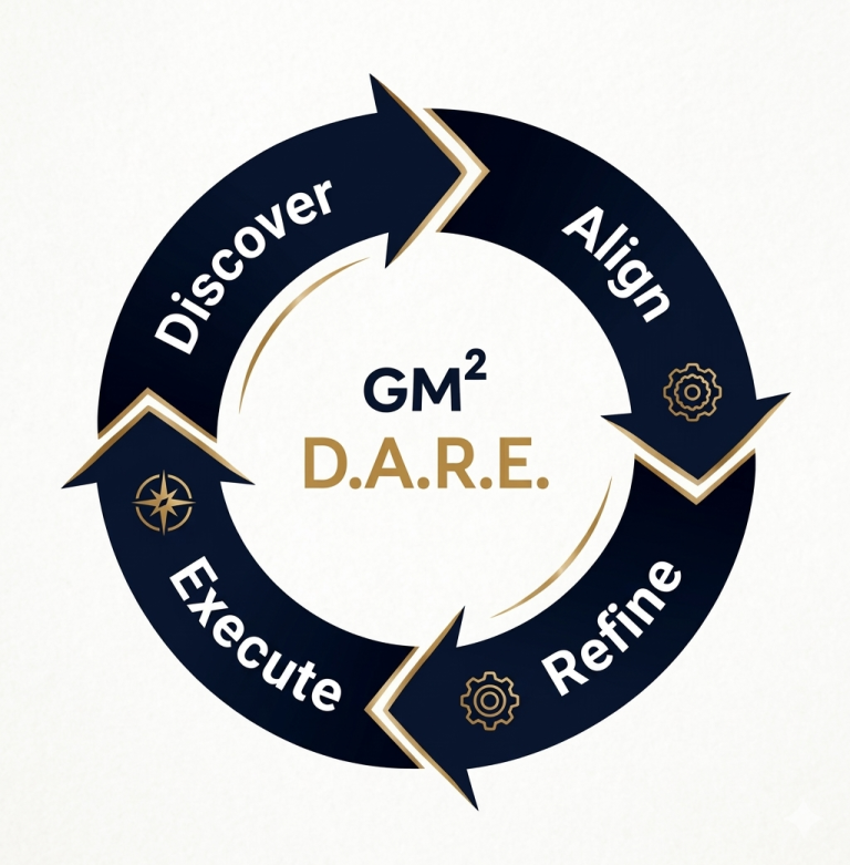 DARE to Change Circular diagram with four stages: Discover, Align, Execute, Refine, labelled GM² D.A.R.E.
