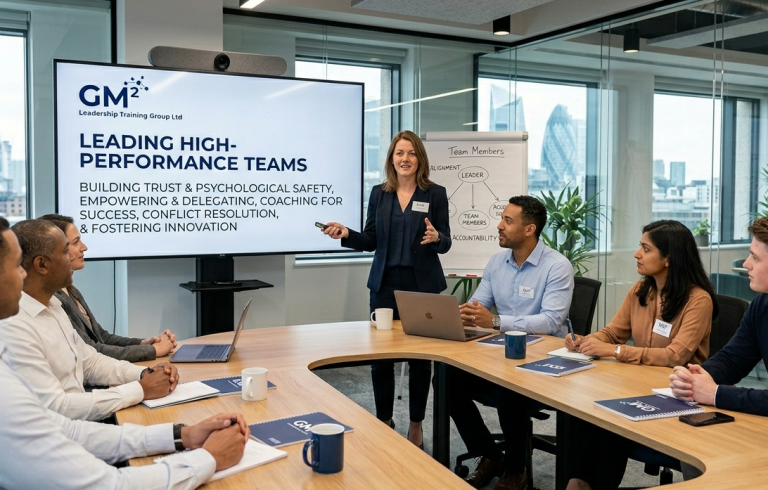 Leading teams A business meeting with a presenter speaking to a team around a conference table promoting leading teams and team performance.
