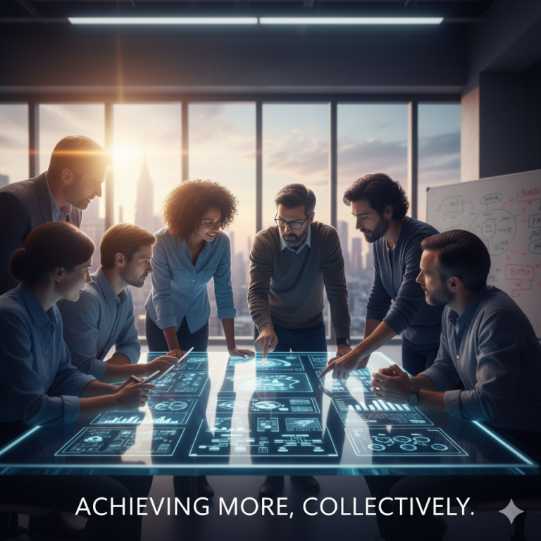A group of professionals collaborating around a table, engaged in a project.